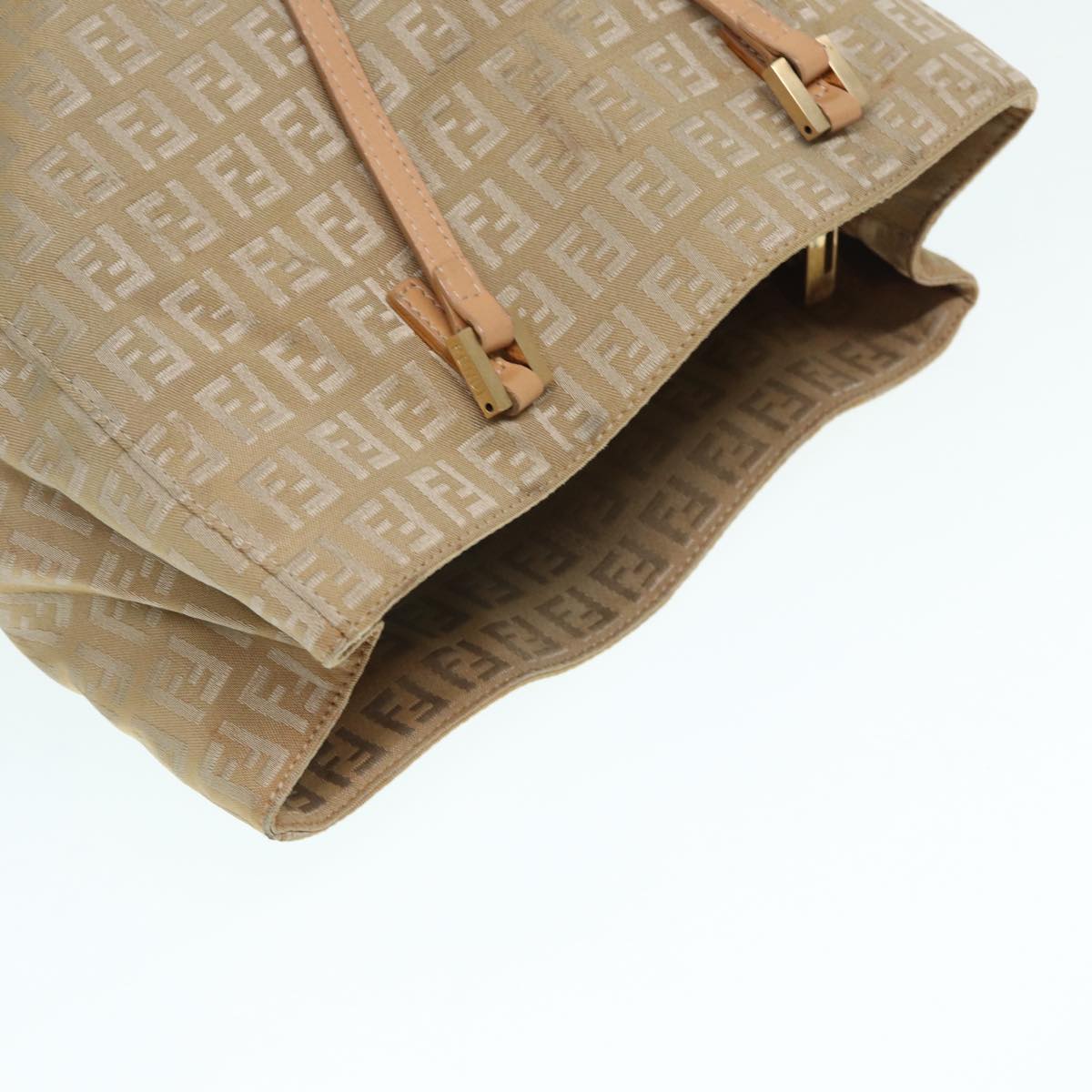 FENDI Zucchino Canvas Tote Bag Beige Gold Auth 90378