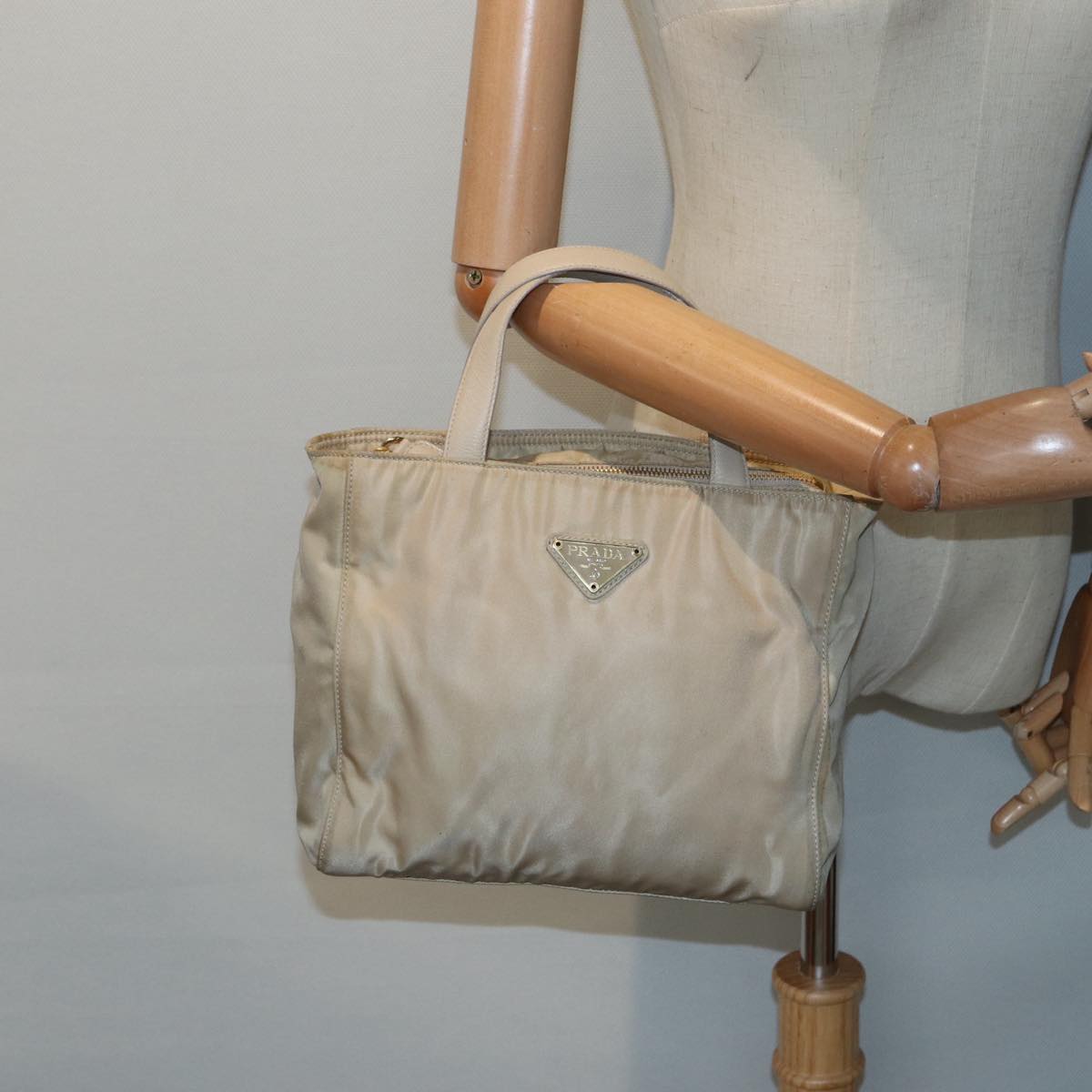 PRADA Hand Bag Nylon Beige Gold Auth 90379