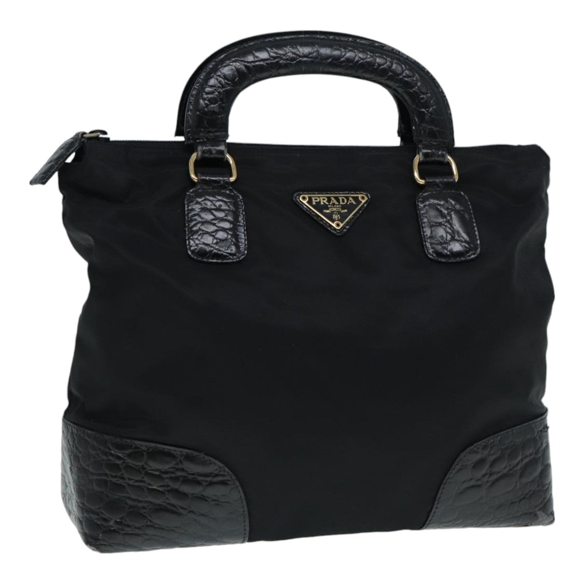 PRADA Hand Bag Nylon Black Gold Auth 90383