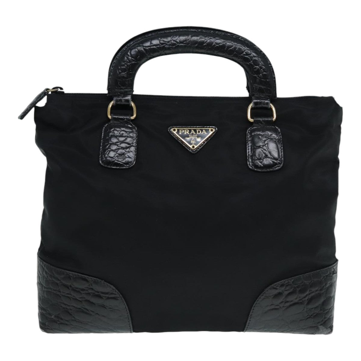 PRADA Hand Bag Nylon Black Gold Auth 90383