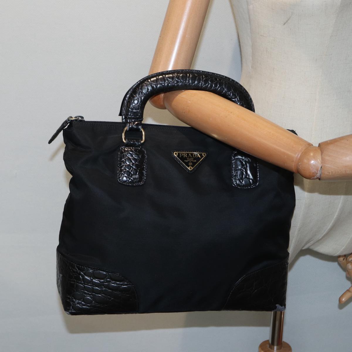 PRADA Hand Bag Nylon Black Gold Auth 90383