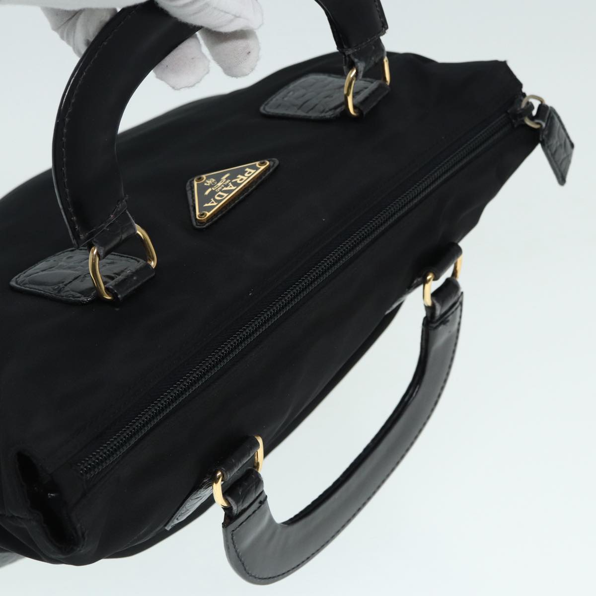 PRADA Hand Bag Nylon Black Gold Auth 90383