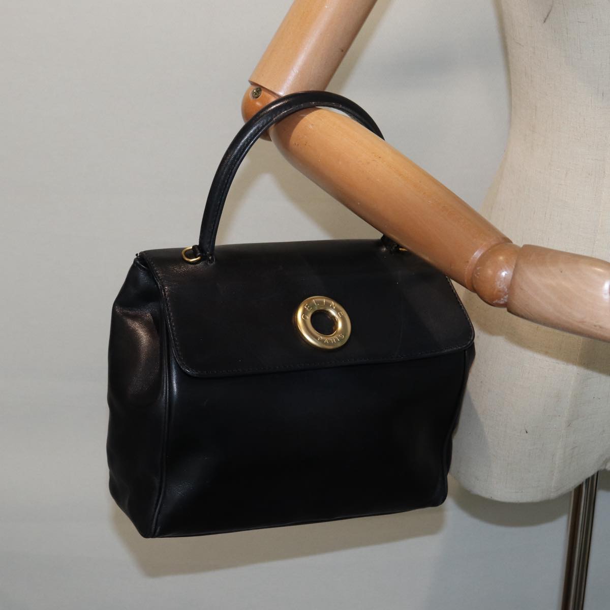 CELINE Hand Bag Leather Black Gold Auth 90389