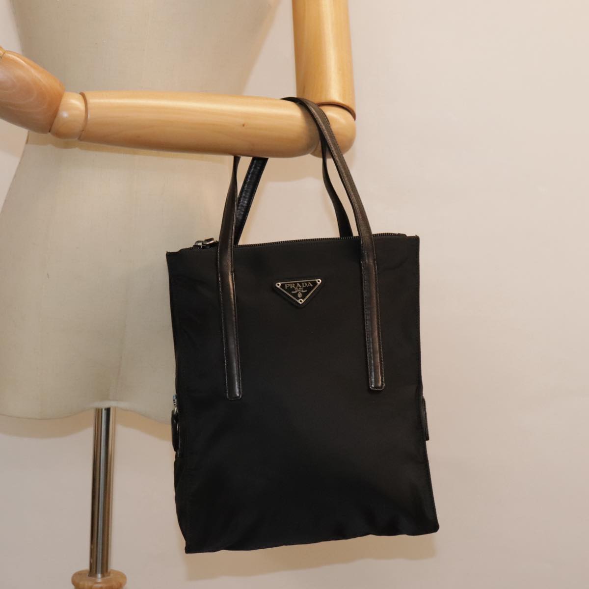 PRADA Tote Bag Nylon Black Silver Auth 90412