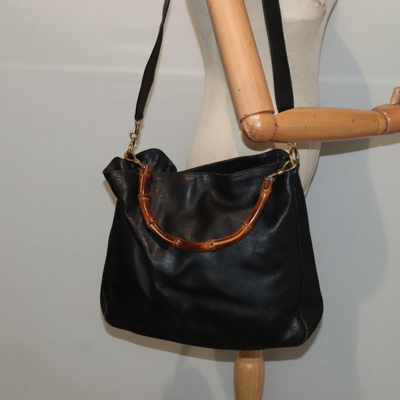 GUCCI Bamboo Schultertasche Leder 2-Wege Schwarz Gold 001 2123 1577 Auth 90421