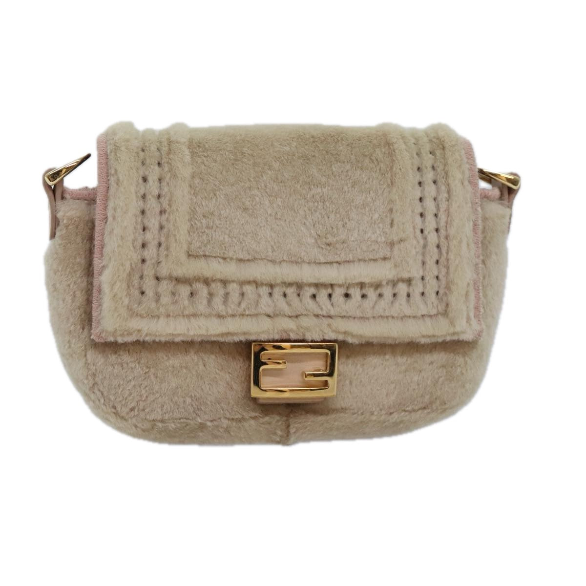 FENDI Chain Shoulder Wallet Beige Gold Auth 90429