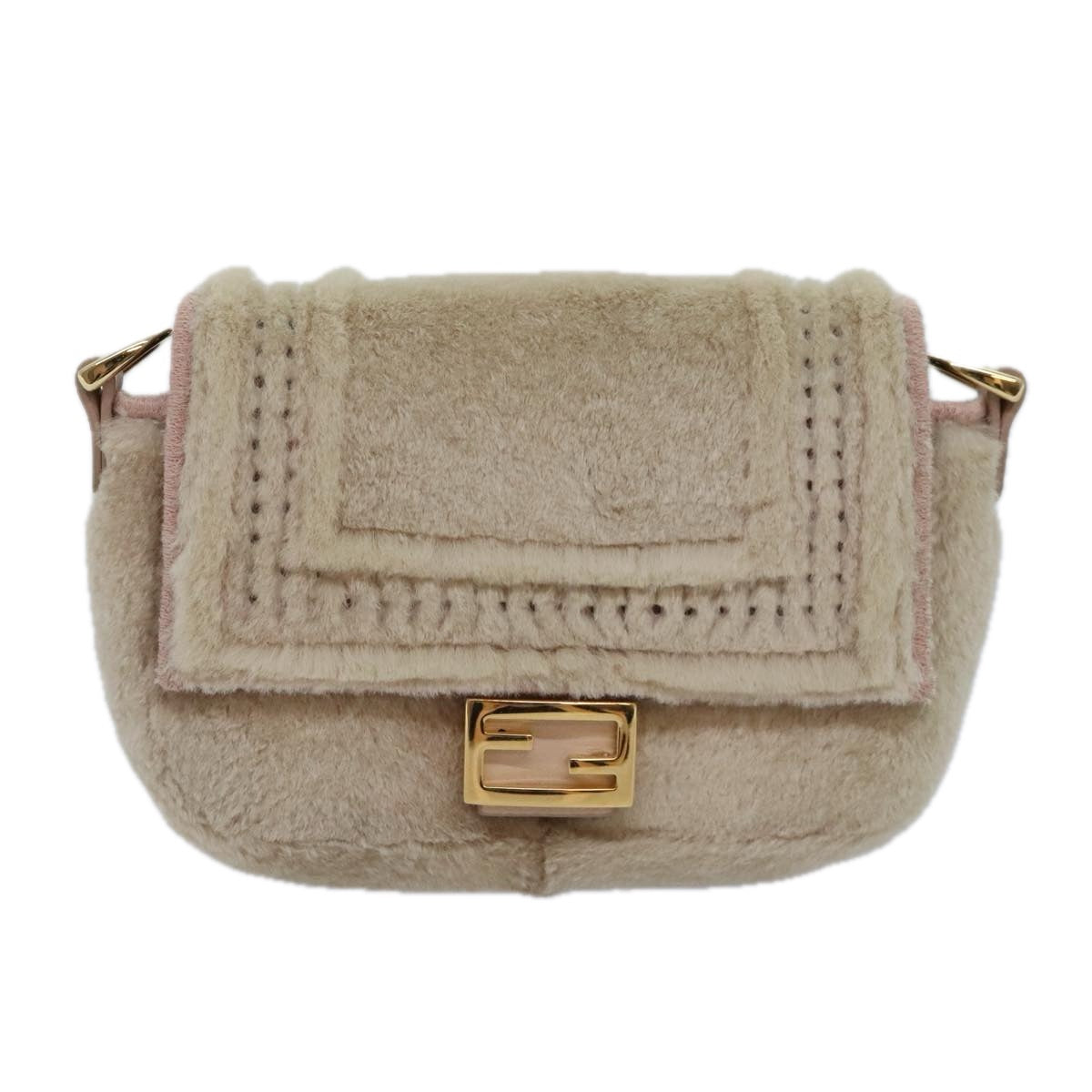 FENDI Chain Shoulder Wallet Beige Gold Auth 90429