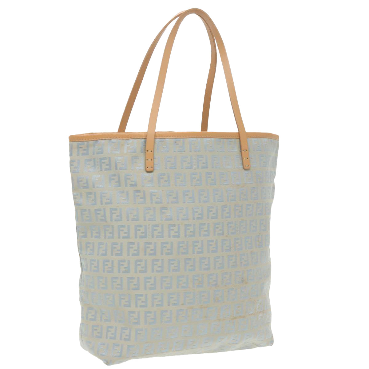 FENDI Zucchino Canvas Tote Bag Light Blue Brown Silver Auth 90434