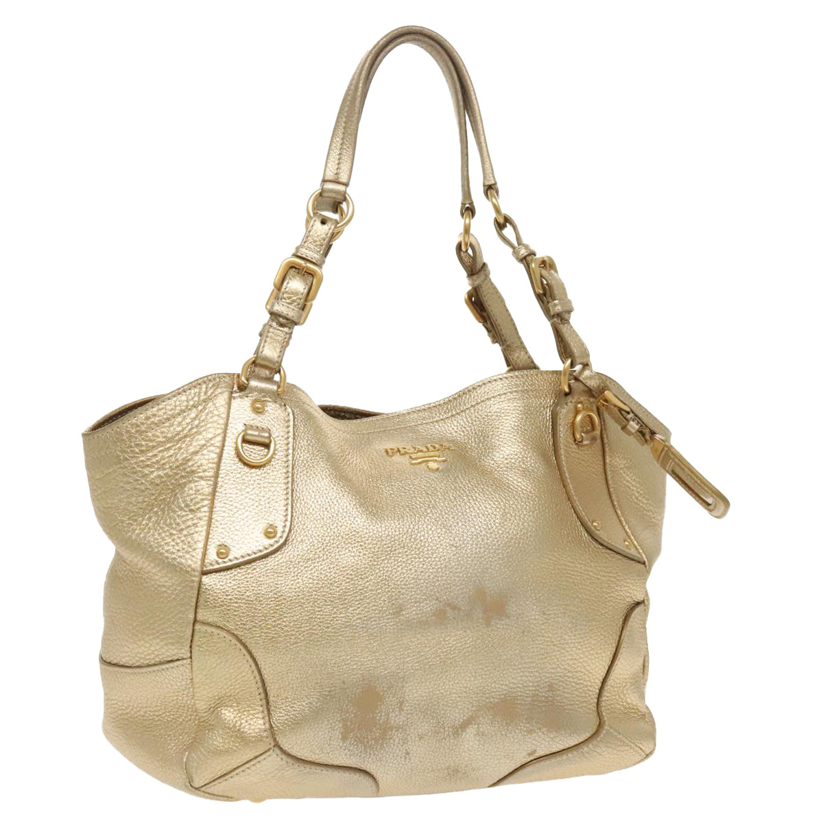 PRADA Tote Bag Leather Gold Auth 90436