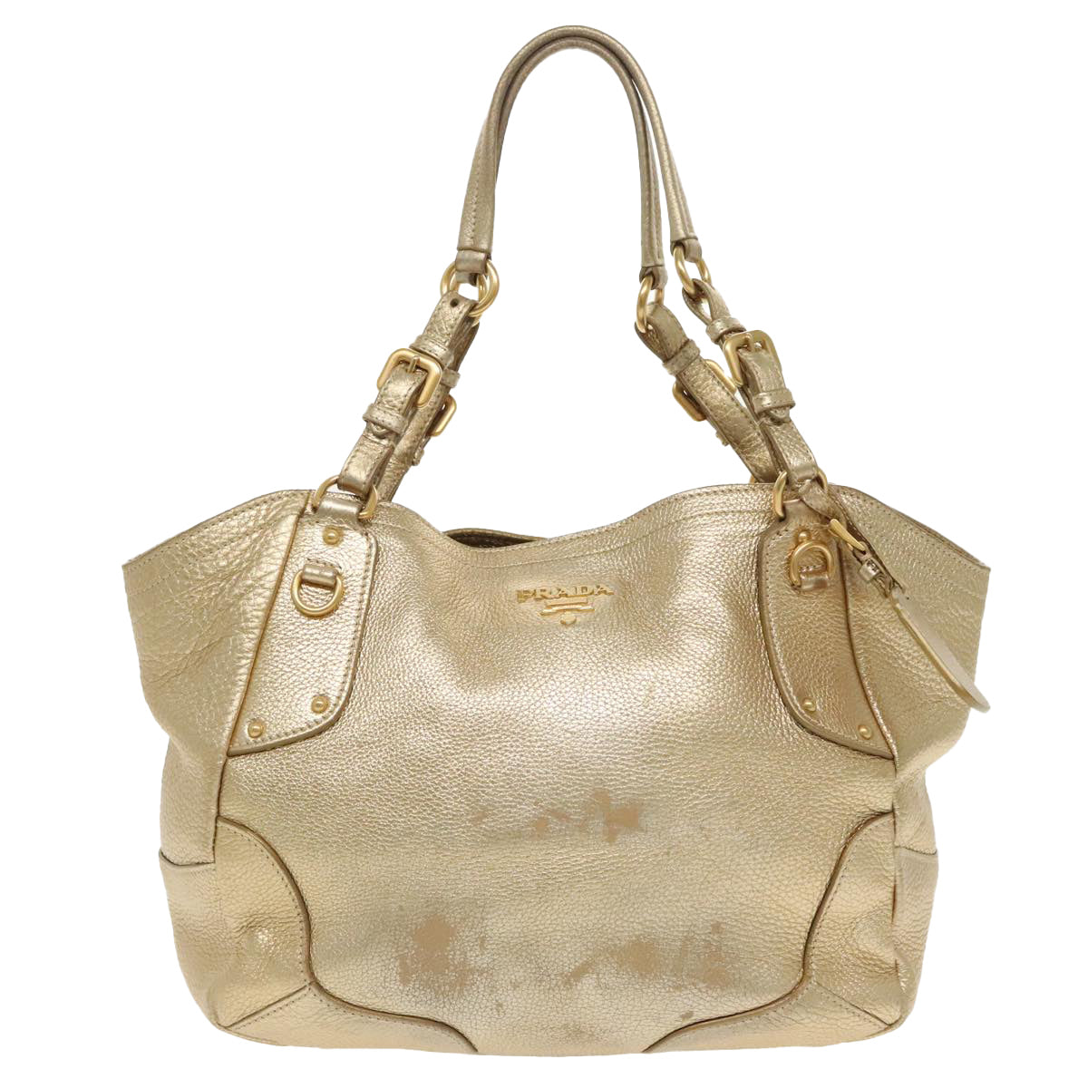 PRADA Tote Bag Leather Gold Auth 90436