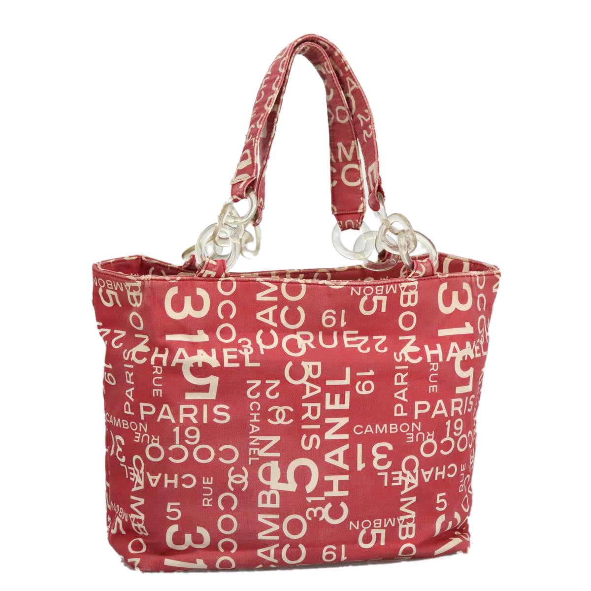 CHANEL Bysy line Tote Bag Canvas Plastic Red White Clear CC Auth 90446