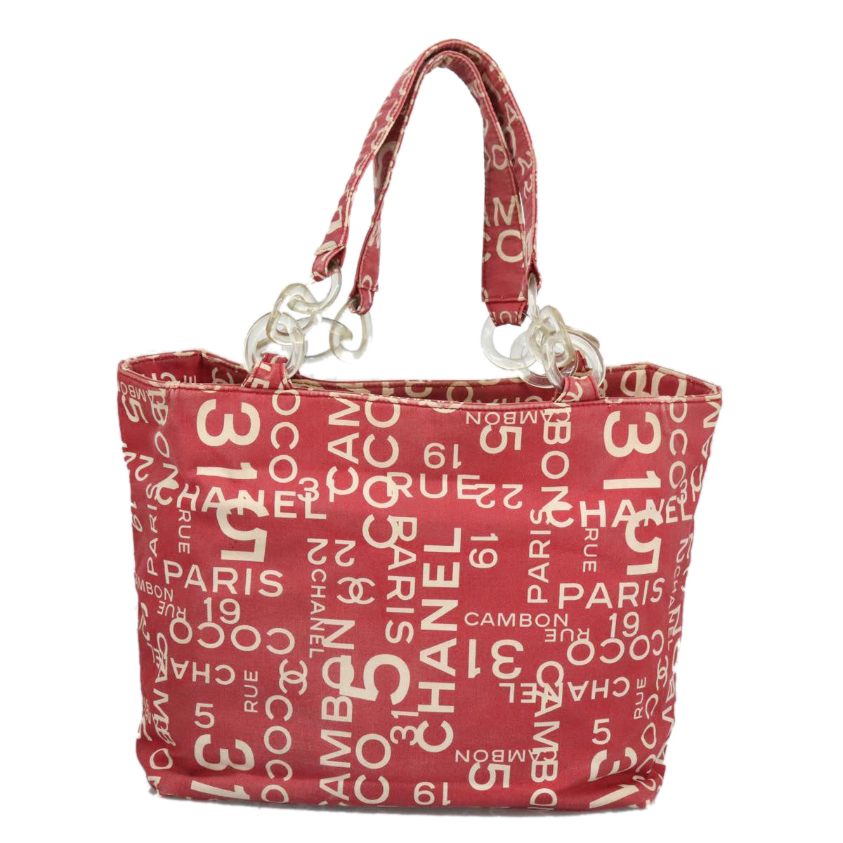 CHANEL Bysy line Tote Bag Canvas Plastic Red White Clear CC Auth 90446 - 0