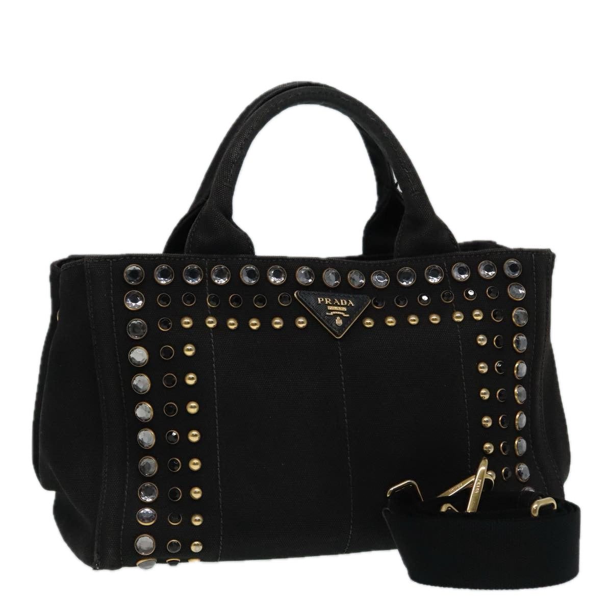 PRADA Bijoux Canapa PM Hand Bag Canvas 2way Black Gold Auth 90474