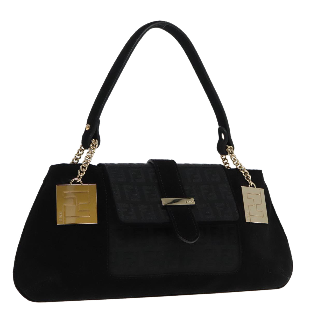 FENDI Zucchino Canvas Shoulder Bag Black Gold Auth 90485