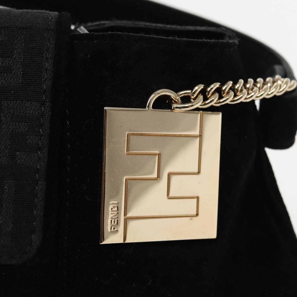 FENDI Zucchino Canvas Shoulder Bag Black Gold Auth 90485