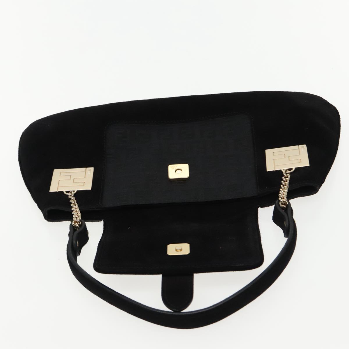 FENDI Zucchino Canvas Shoulder Bag Black Gold Auth 90485