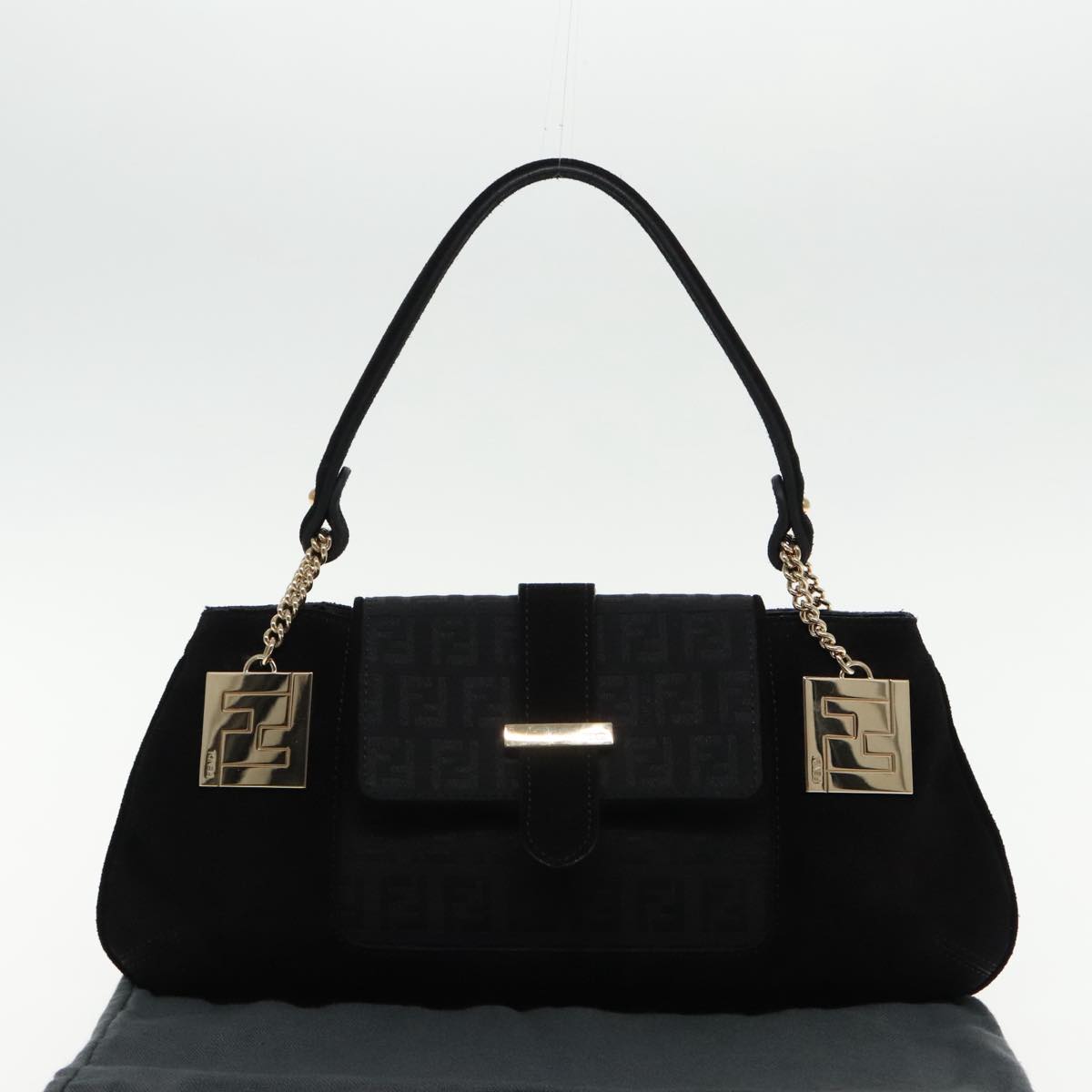 FENDI Zucchino Canvas Shoulder Bag Black Gold Auth 90485