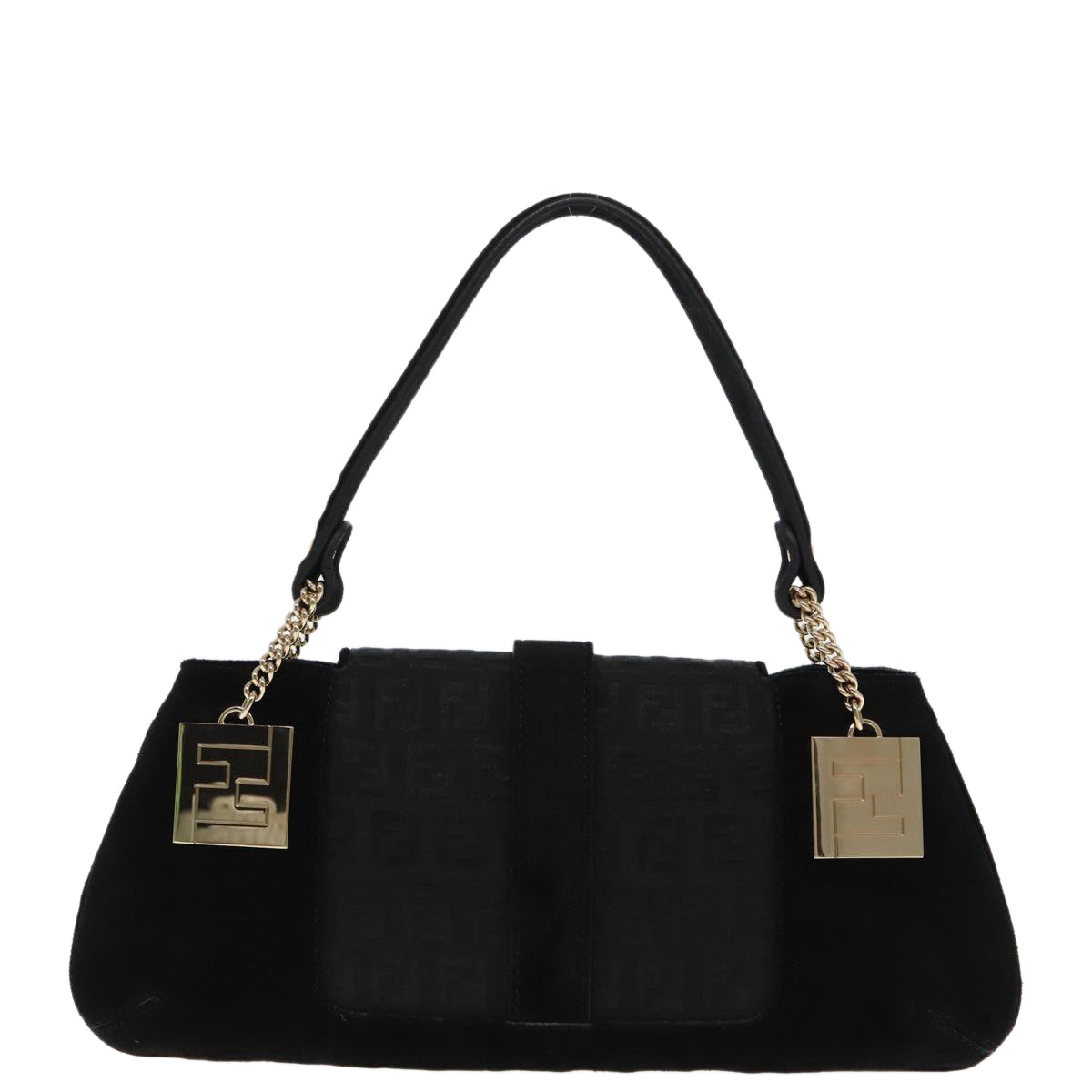 FENDI Zucchino Canvas Shoulder Bag Black Gold Auth 90485 - 0