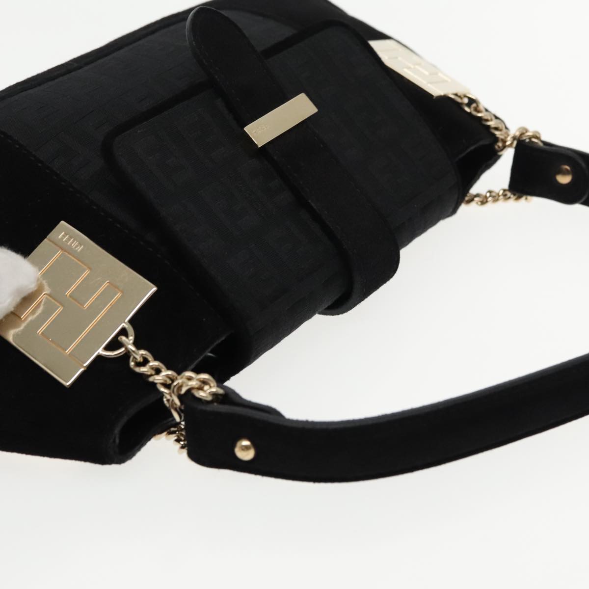 FENDI Zucchino Canvas Shoulder Bag Black Gold Auth 90485