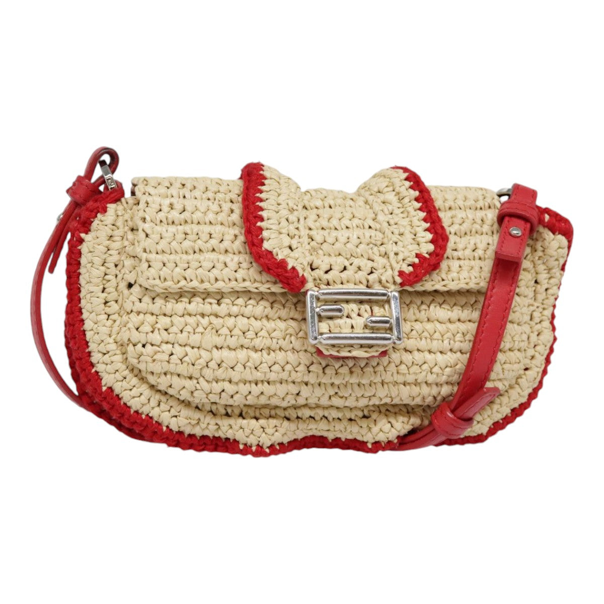 FENDI Shoulder Bag straw Beige Red 8M0354 Auth 90505