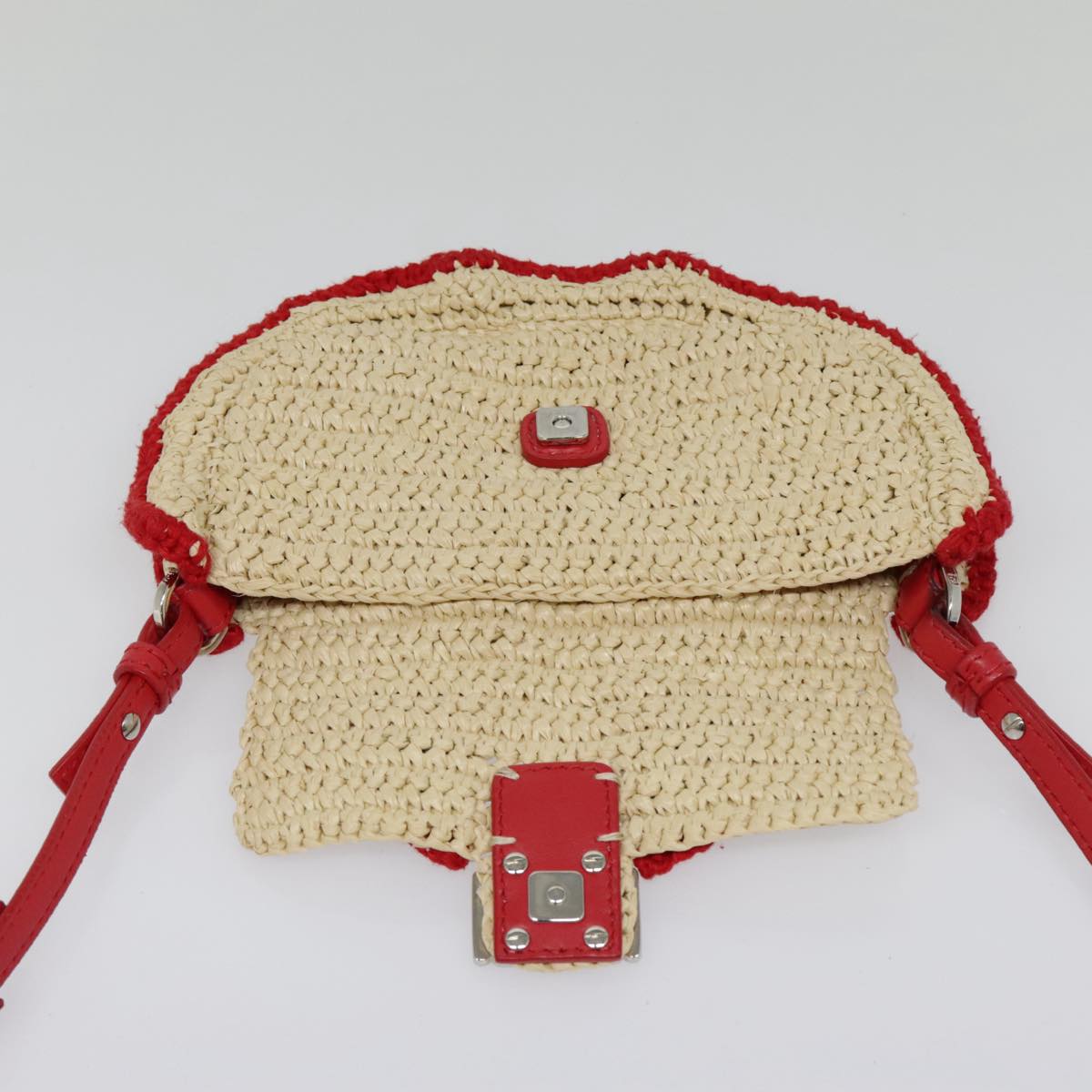 FENDI Shoulder Bag straw Beige Red 8M0354 Auth 90505