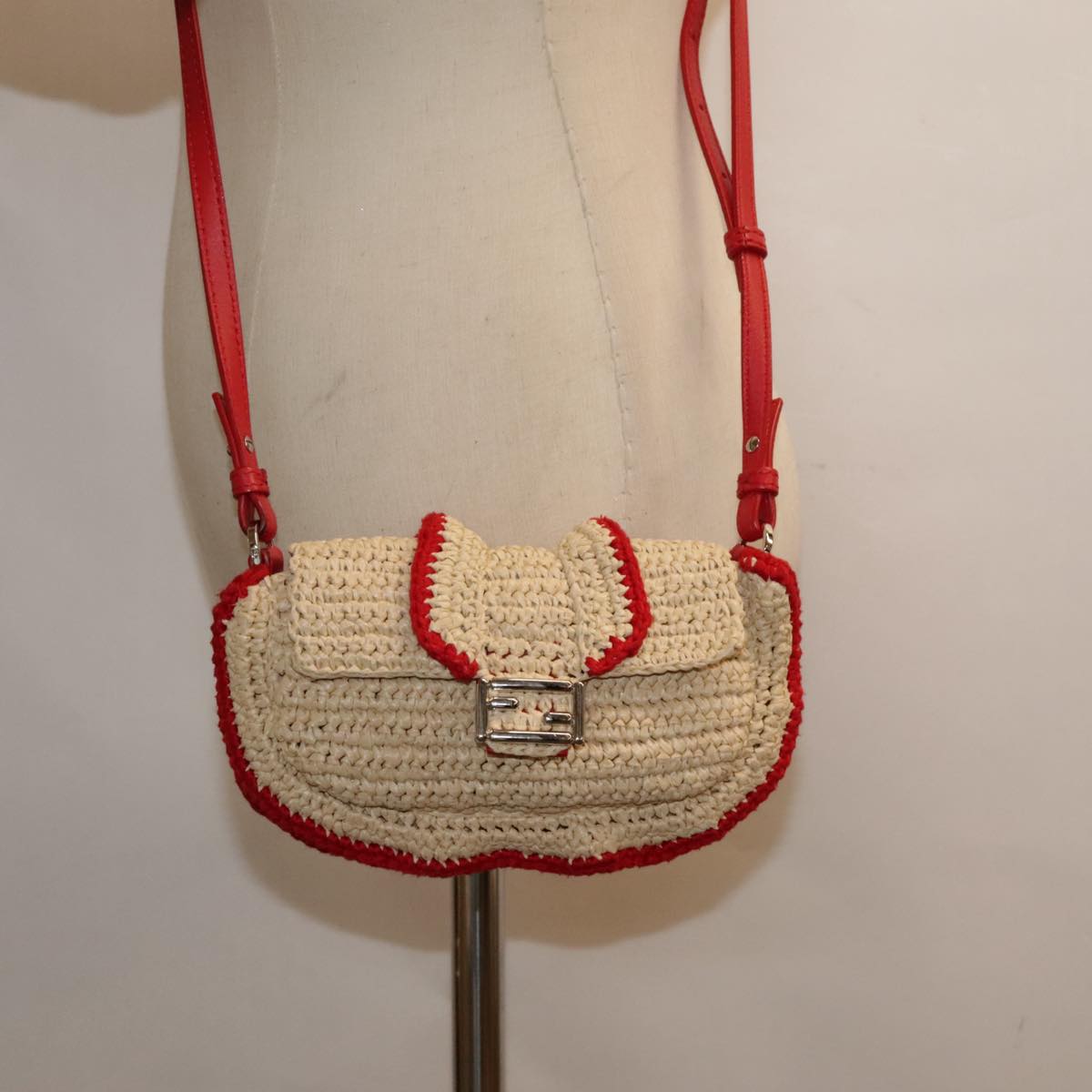 FENDI Shoulder Bag straw Beige Red 8M0354 Auth 90505