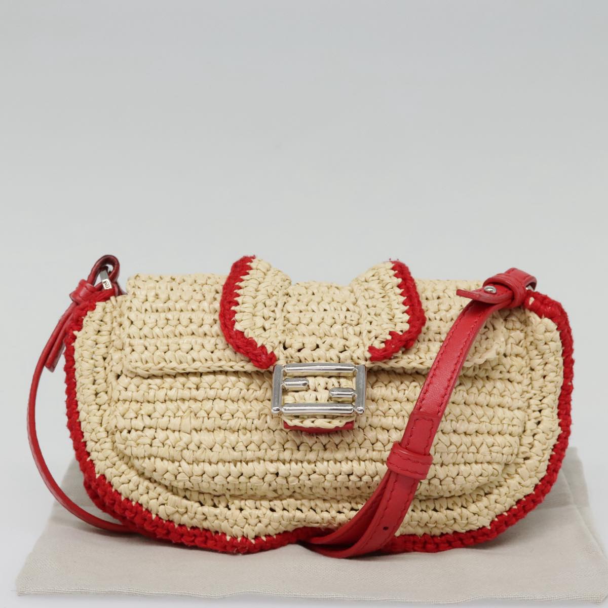 FENDI Shoulder Bag straw Beige Red 8M0354 Auth 90505