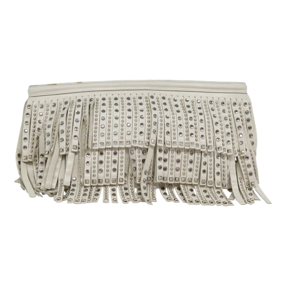 PRADA beads Clutch Bag Leather White Auth 90511