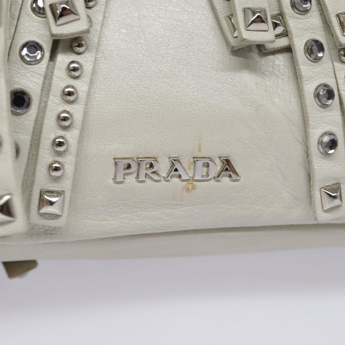 PRADA beads Clutch Bag Leather White Auth 90511