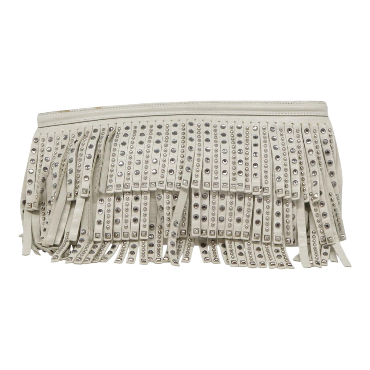 PRADA beads Clutch Bag Leather White Auth 90511