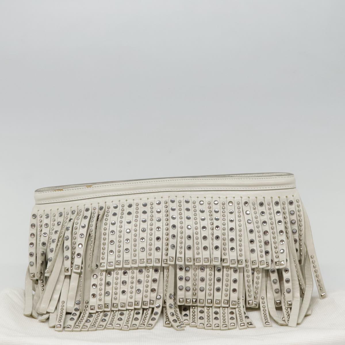 PRADA beads Clutch Bag Leather White Auth 90511