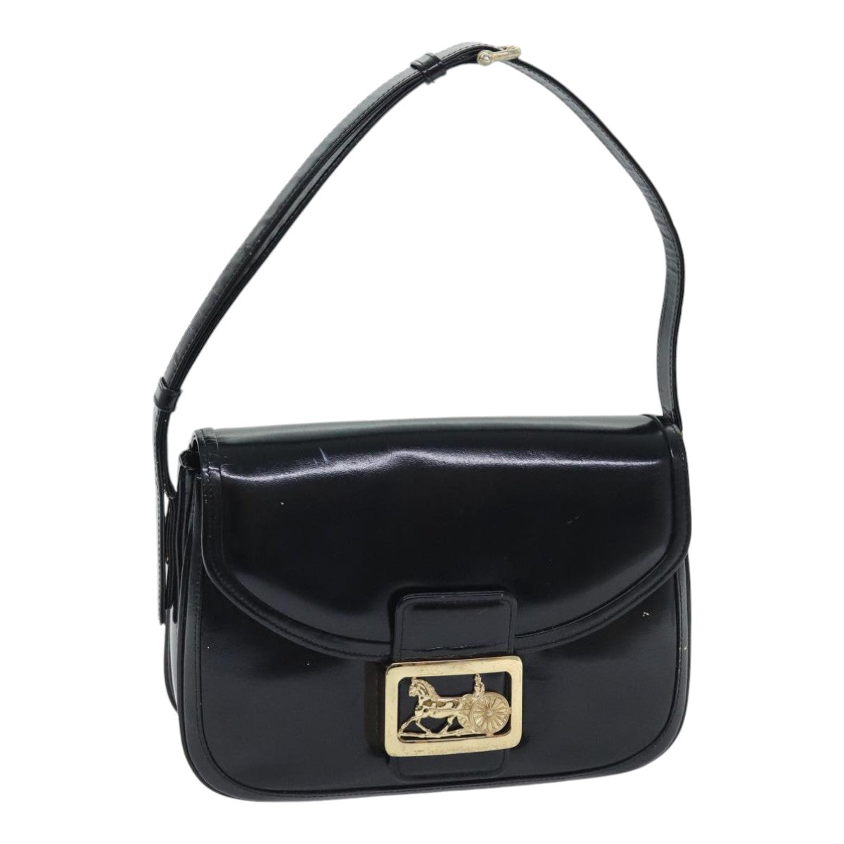 CELINE Horse Carriage Shoulder Bag Enamel Black Auth 90512