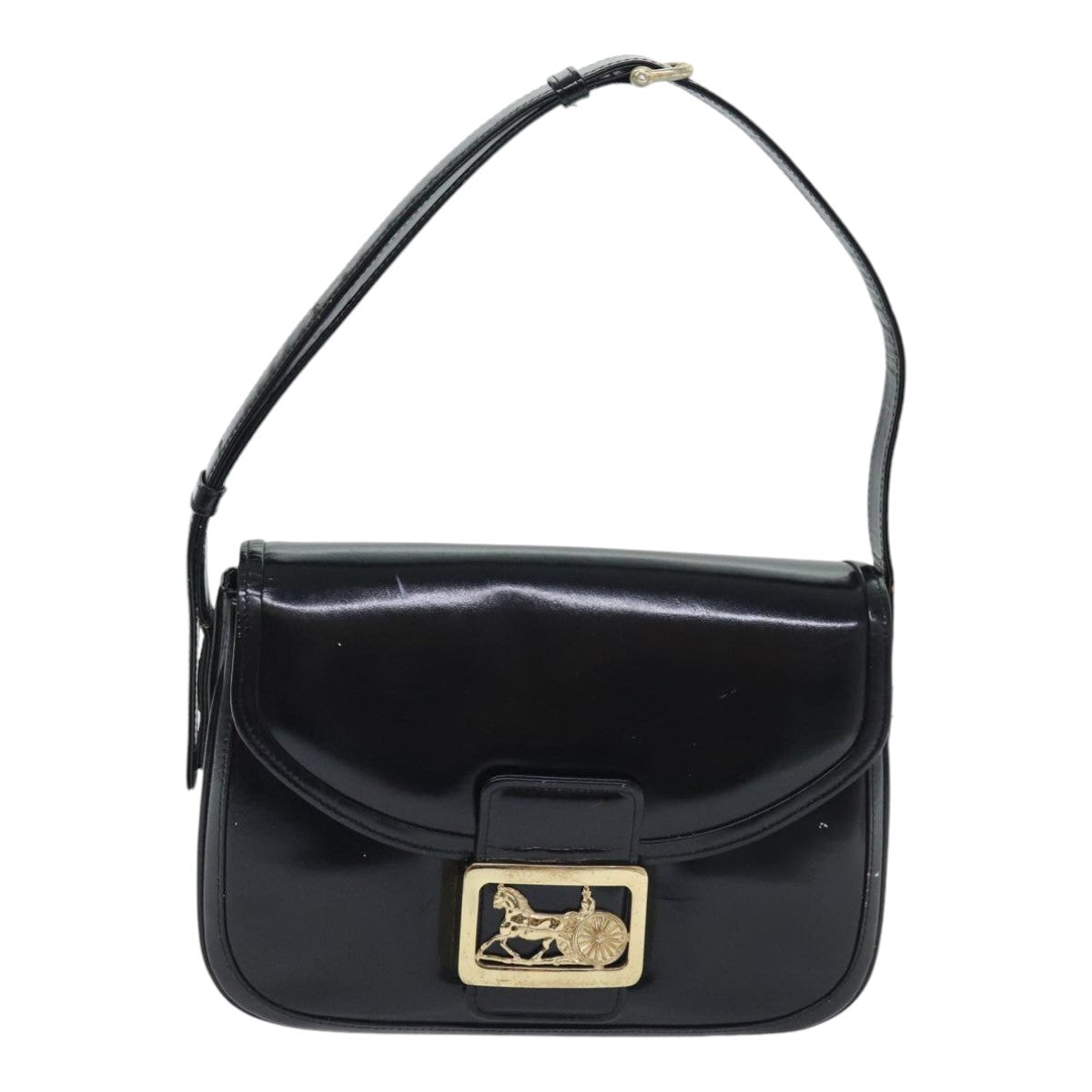 CELINE Horse Carriage Shoulder Bag Enamel Black Auth 90512