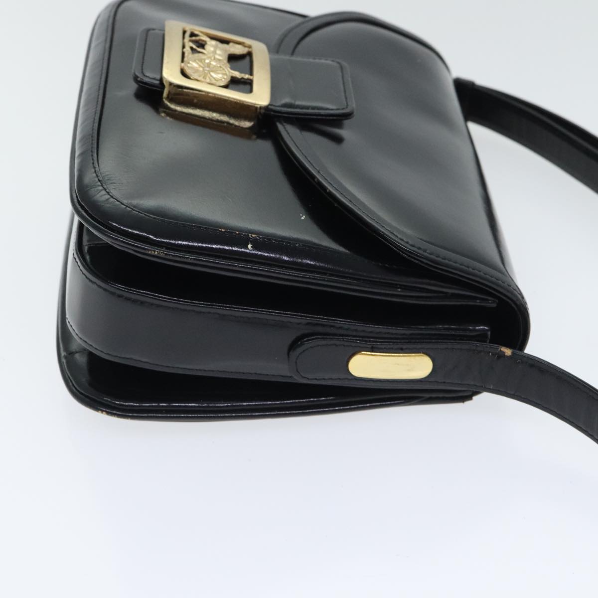 CELINE Horse Carriage Shoulder Bag Enamel Black Auth 90512