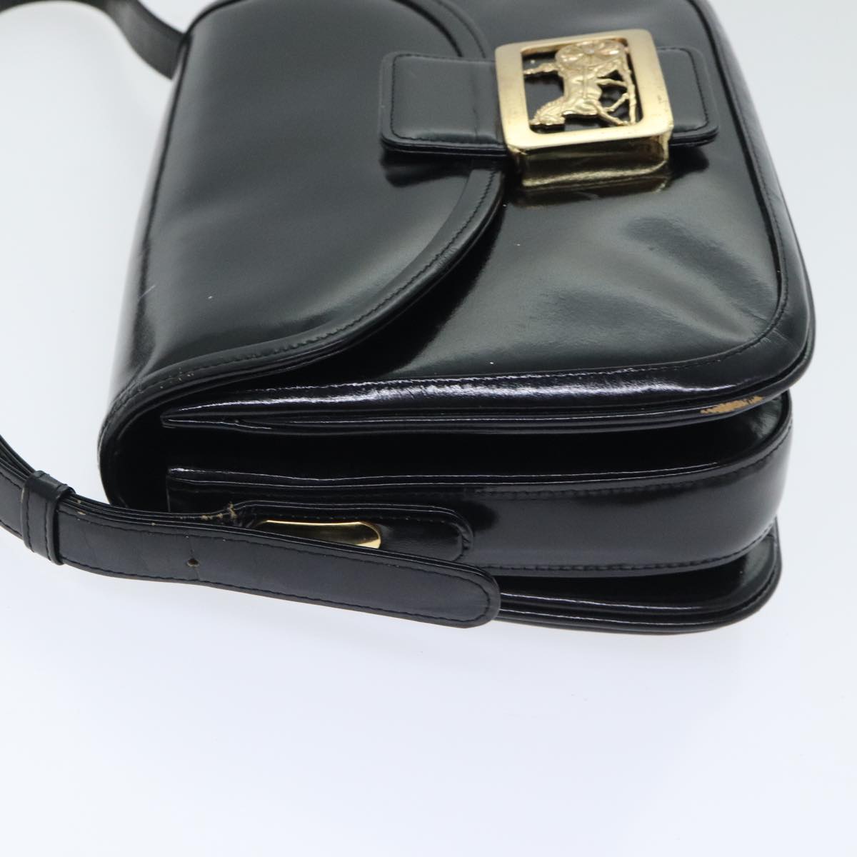 CELINE Horse Carriage Shoulder Bag Enamel Black Auth 90512