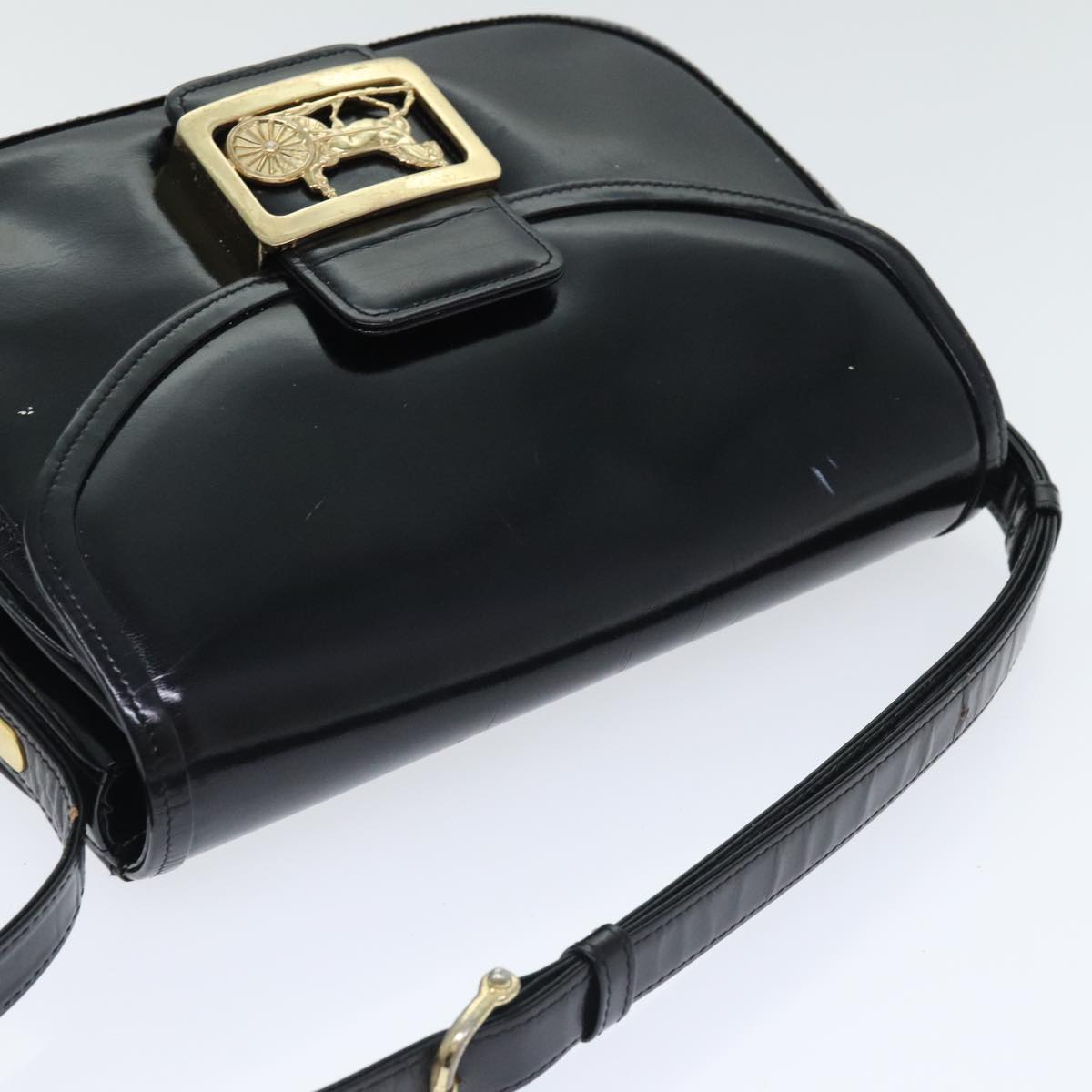 CELINE Horse Carriage Shoulder Bag Enamel Black Auth 90512