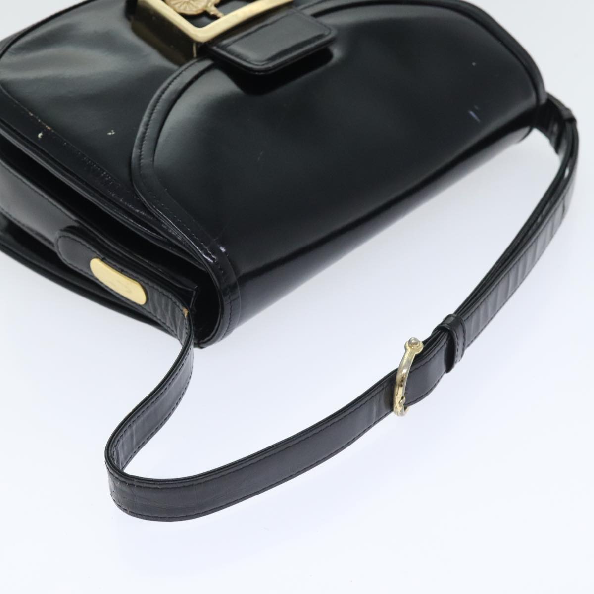 CELINE Horse Carriage Shoulder Bag Enamel Black Auth 90512