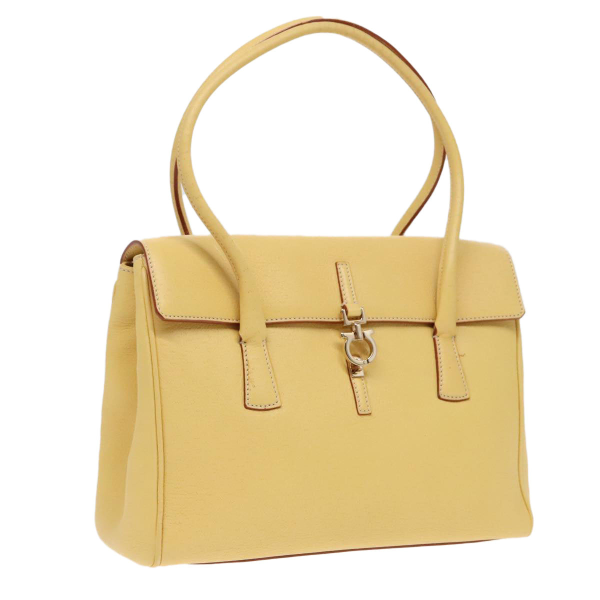 Salvatore Ferragamo Gancini Hand Bag Leather Yellow Gold Auth 90524