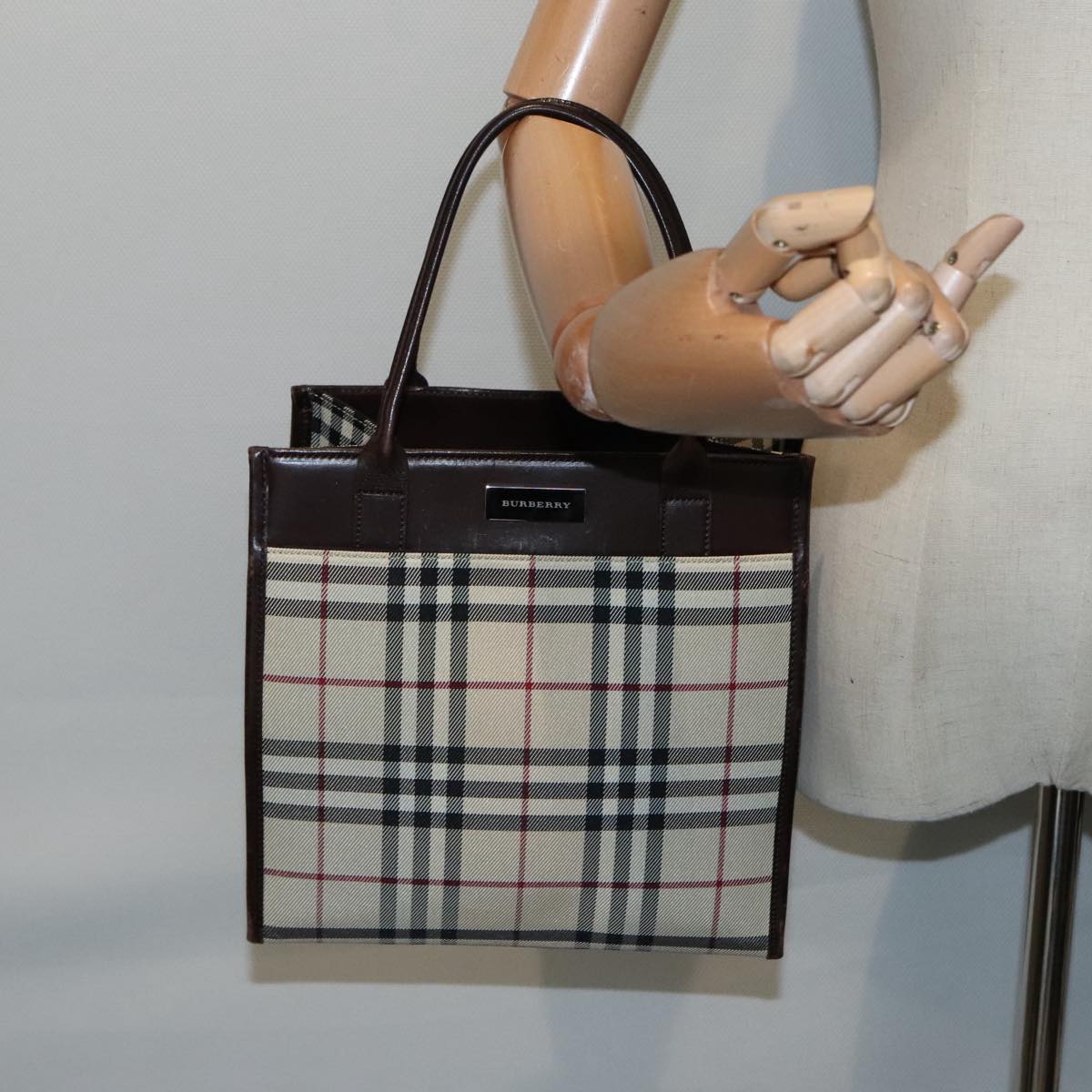 BURBERRY Nova Check Hand Bag Canvas Beige Auth 90535