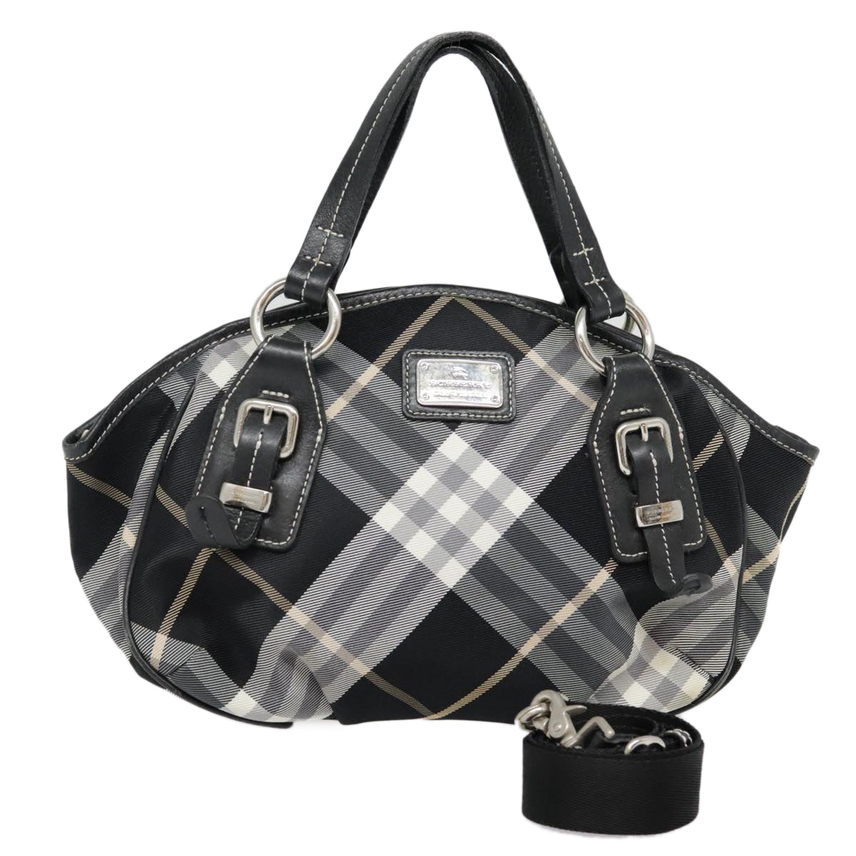 BURBERRY Nova Check Blue Label Hand Bag Nylon 2way Black Auth 90539