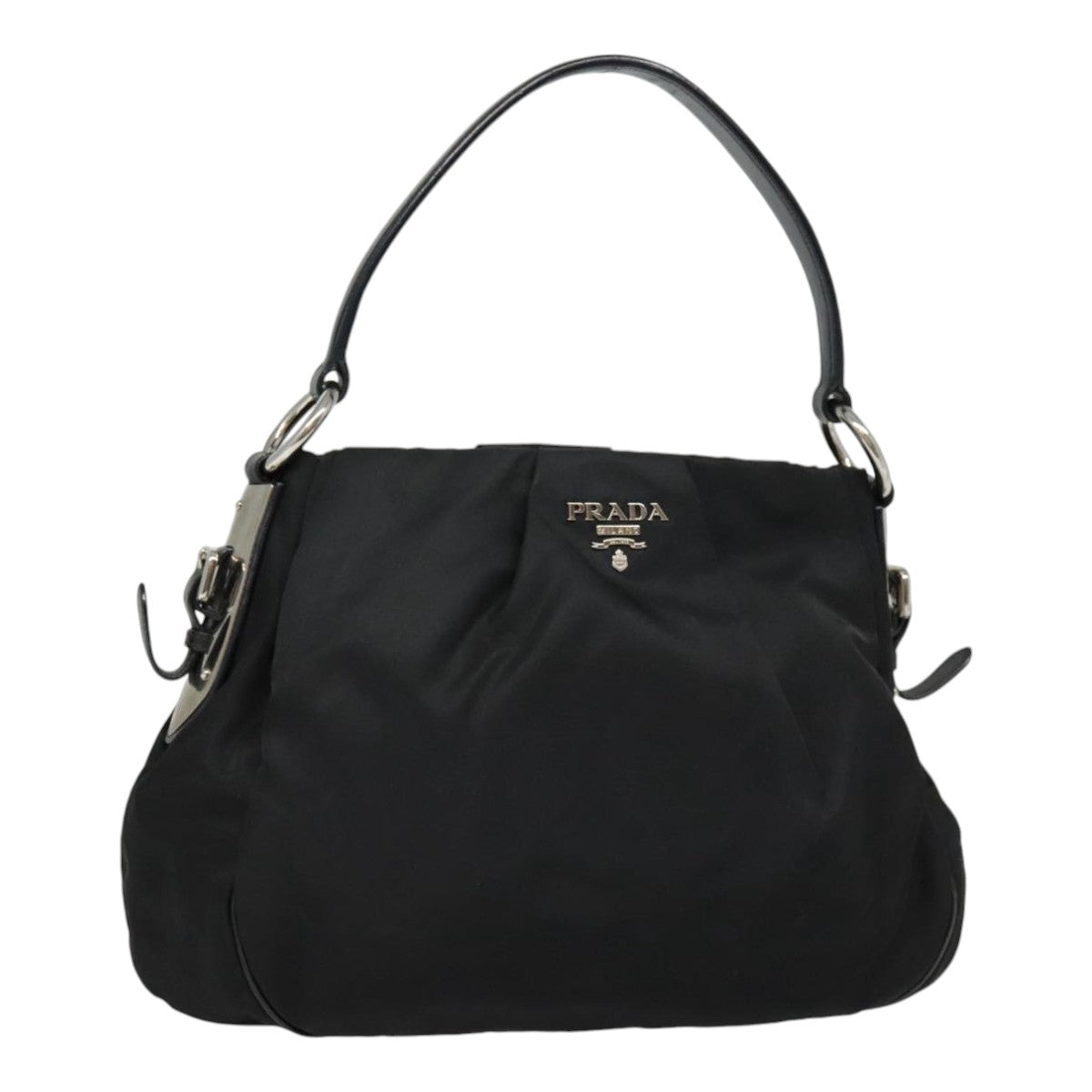 PRADA Shoulder Bag Nylon Leather Black Silver Auth 90555