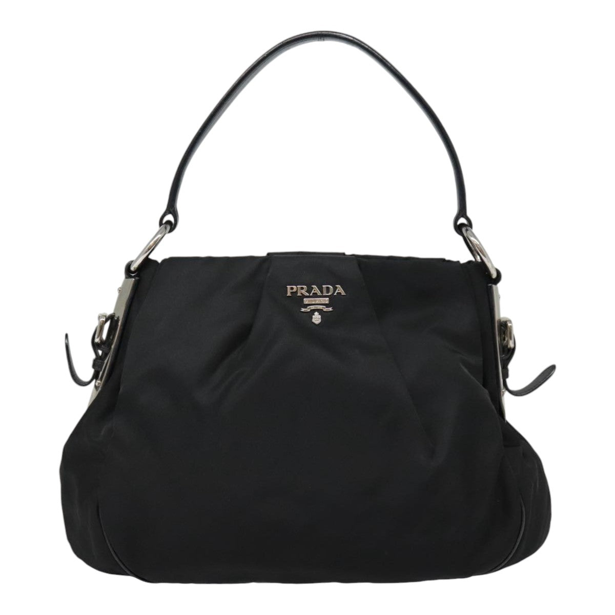 PRADA Shoulder Bag Nylon Leather Black Silver Auth 90555