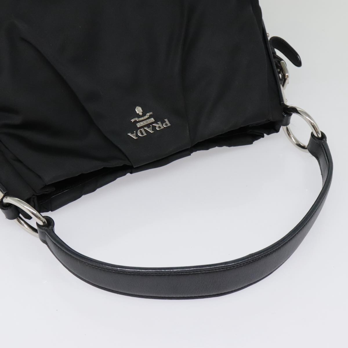 PRADA Shoulder Bag Nylon Leather Black Silver Auth 90555