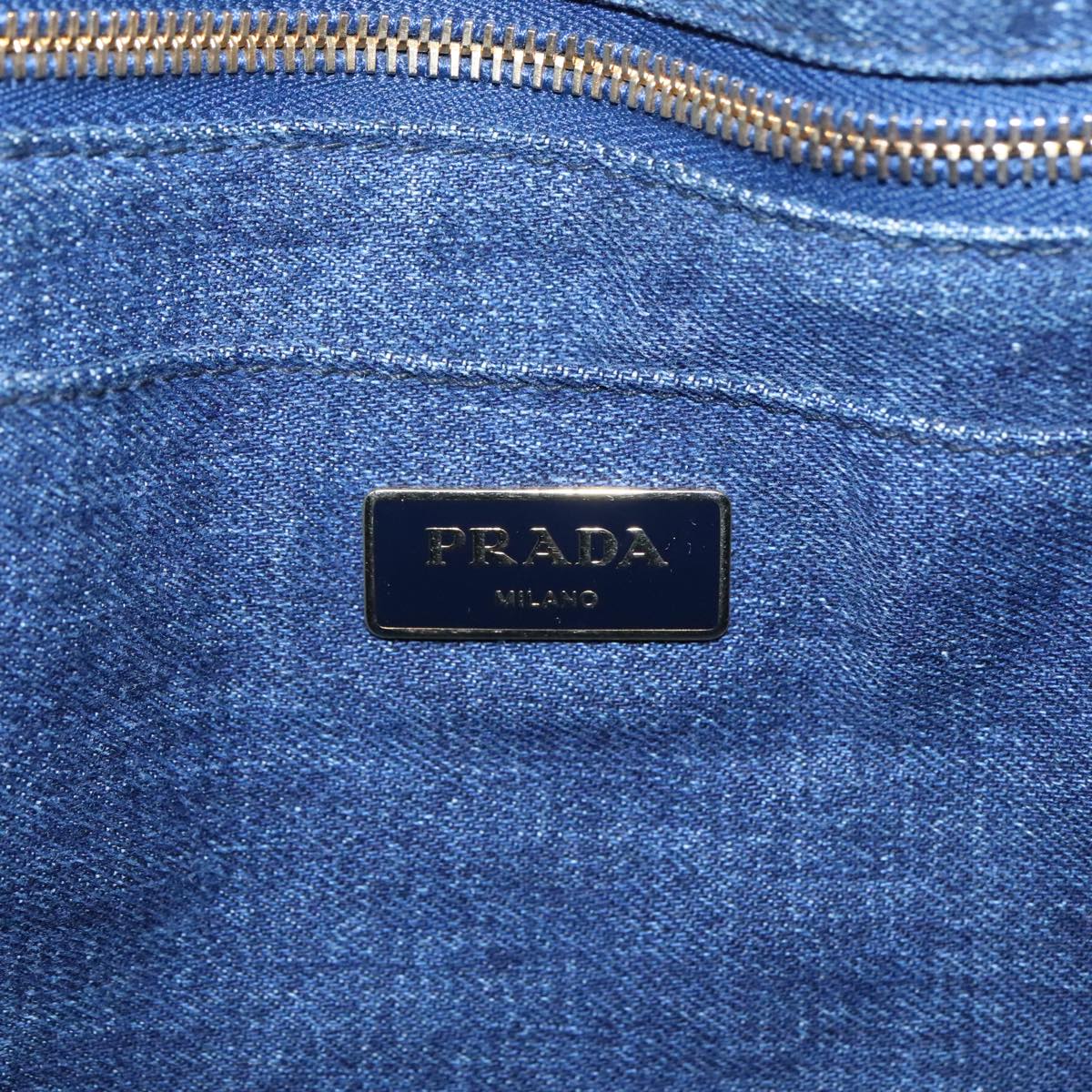 PRADA Canapa MM Hand Bag Denim Blue Gold Auth 90567