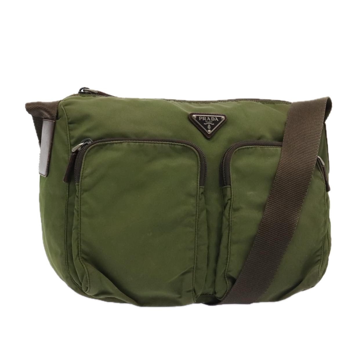 PRADA Shoulder Bag Nylon Green Brown Silver Auth 90568