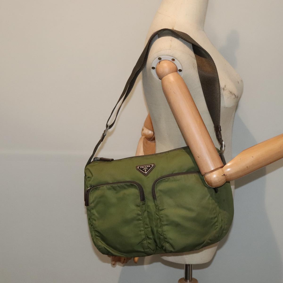 PRADA Shoulder Bag Nylon Green Brown Silver Auth 90568