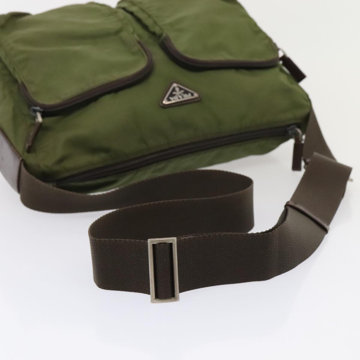 PRADA Shoulder Bag Nylon Green Brown Silver Auth 90568