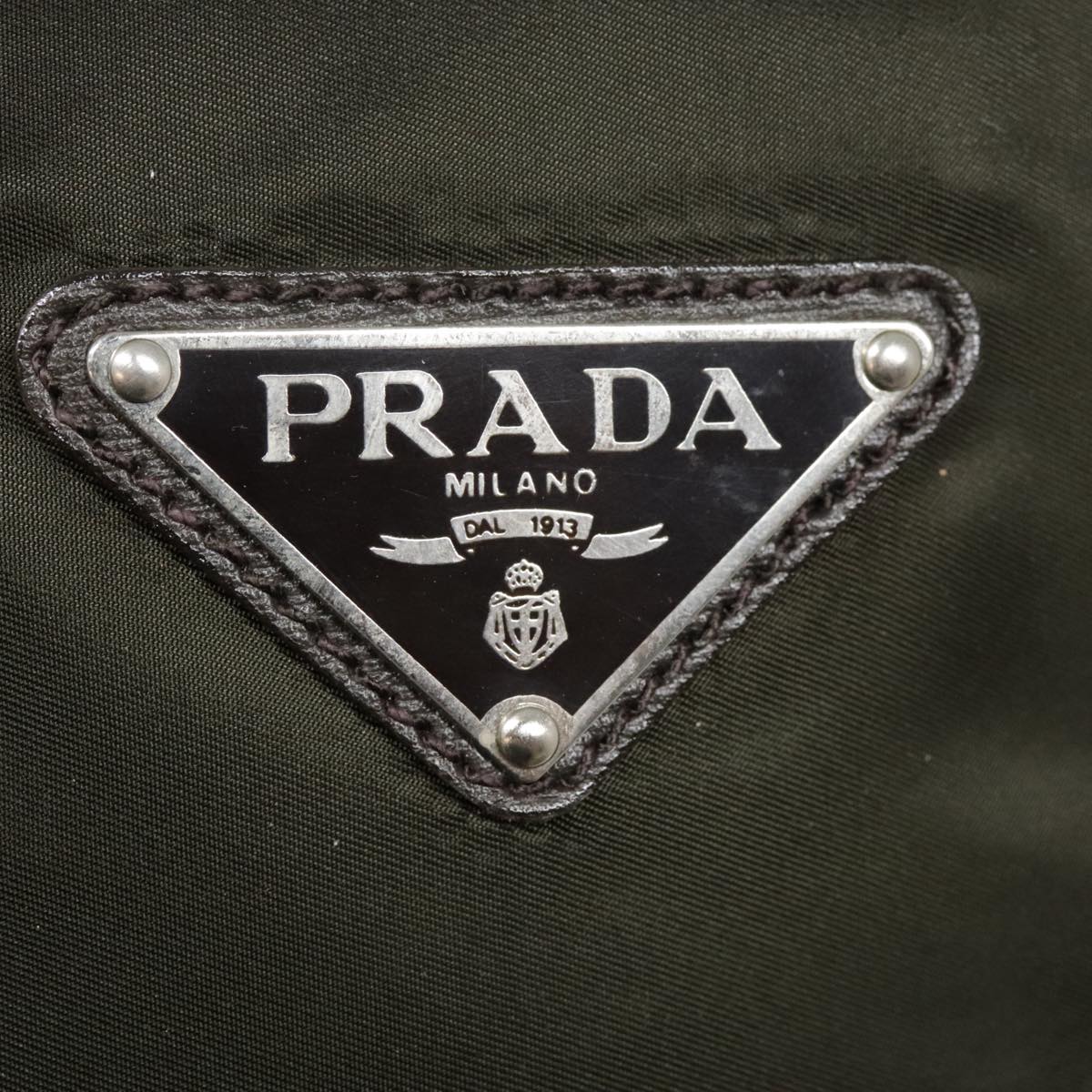 PRADA Boston Bag Nylon Leather Khaki Dark Brown Silver Auth 90569