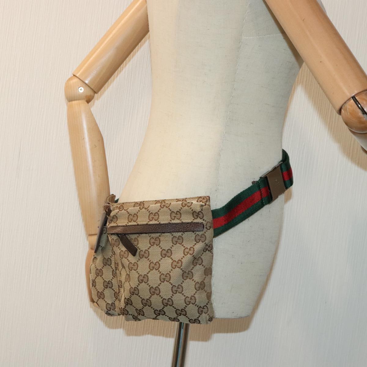 GUCCI GG Canvas Web Sherry Line Waist bag Beige Brown Silver 28566 Auth 90580