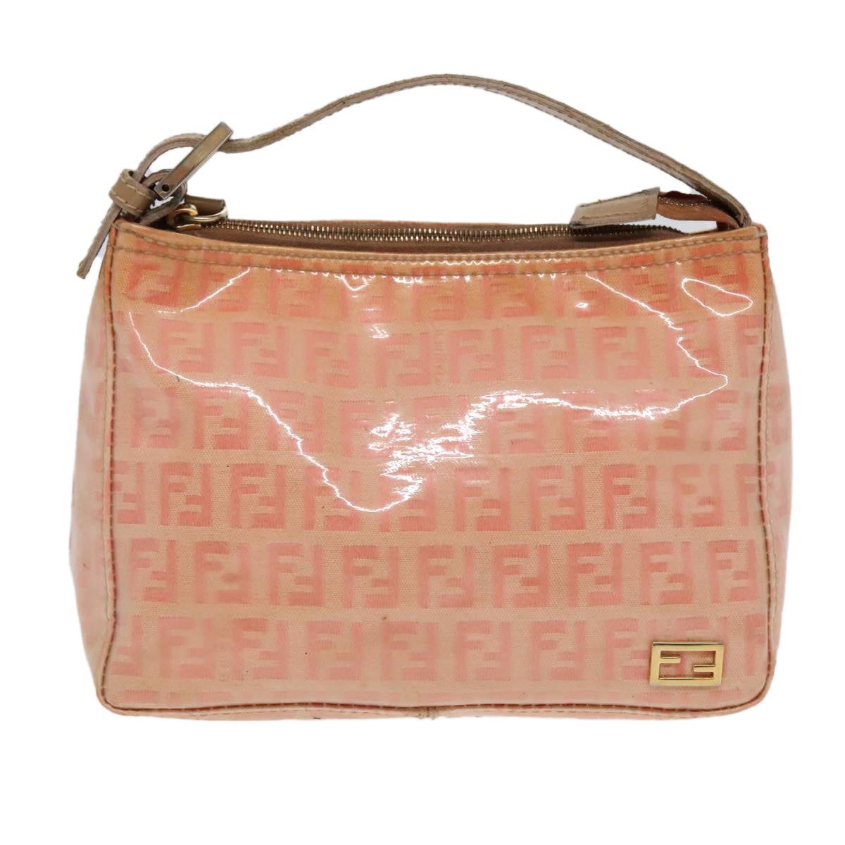 FENDI Zucchino Canvas Hand Bag Enamel Orange Gold Auth 90583